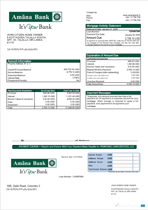 Download Sri Lanka Amana bank mortgage statement in Word and PDF formats Photoshop template
